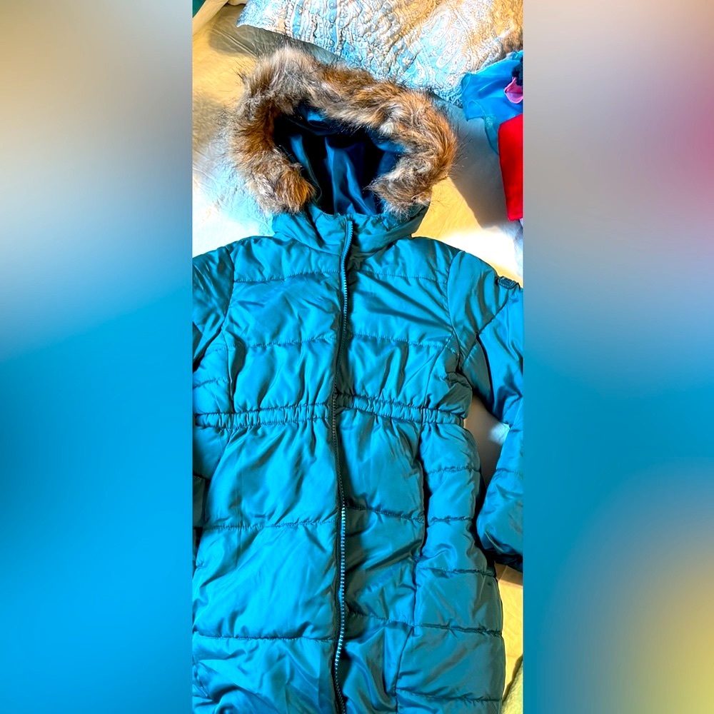 GAP Girls sz S Teal Winter long Jacket with fur-trimmed hood